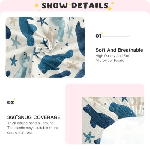 Image of Sea Manatee Star Crib Sheets Soft Breathable Fitted Baby Crib Sheets Mattress Cover for Girls Boys, 52 inch x 28 inch x 9 inch
