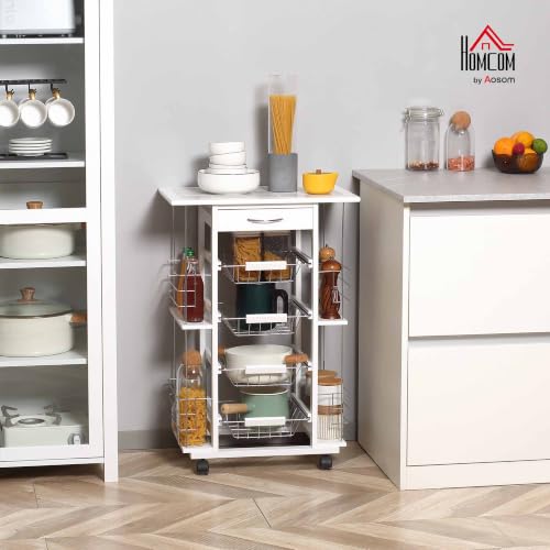 Miniatura 2 de Homcom Carrito De Cocina Con Ruedas Y Encimera Baldosada Carrito Verdulero Con Cajón, 4 Cestas Metálicas Y 4 Porta Especias Laterales Para Comedor 57x37x83 Cm Blanco