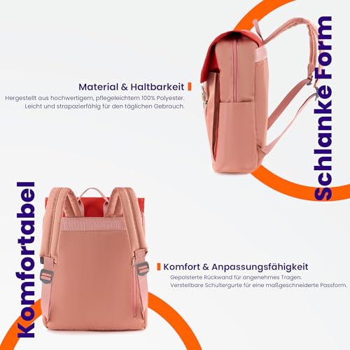 RANZN® – Amsterdam – Premium Schulrucksack, wasserabweisende Schultasche, Tagesrucksack mit Laptopfach für 15 Zoll Notebook, verstellbare Trageriemen, Rot-Grün-Rosa