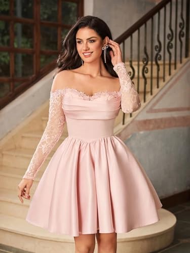 Lace Satin Homecoming Dresses Off Shoulder Long Sleeve Prom Dress Short Puffy A-Line Cocktail Party Dress3