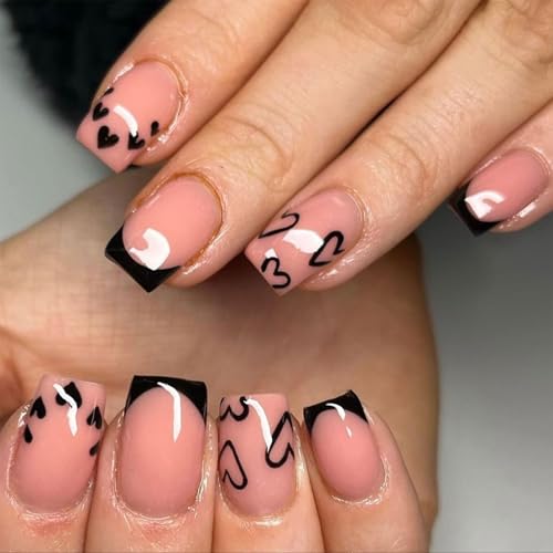 Valentines Press on Nails Short Square Fake Nails Black Heart Nai...
