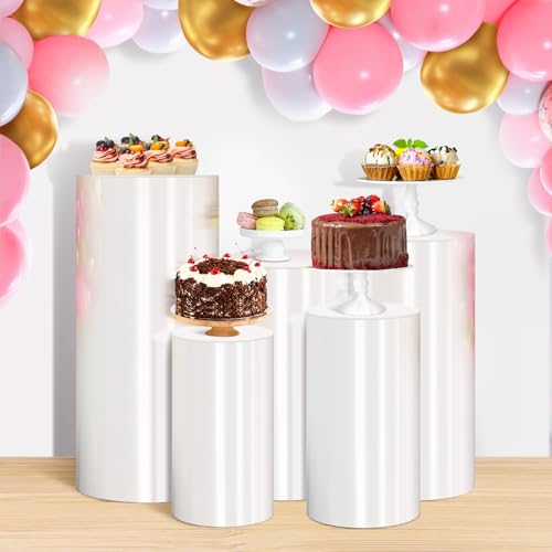 INGKTMFT Cylinder Stands for Party, White Display Plinth Cylinder Pedestal Stand Detachable Cake Pedestal Stand for Birthday Wedding Baby Shower Party Product Display Celebration Decoration (5piece)