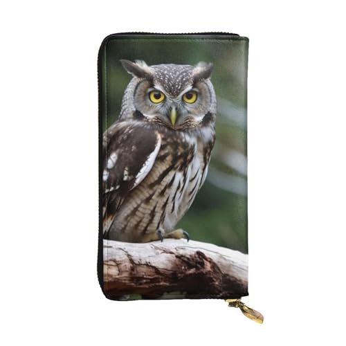 Portefeuille en cuir noir au motif hibou sauvage avec grande capacité porte-cartes et zip