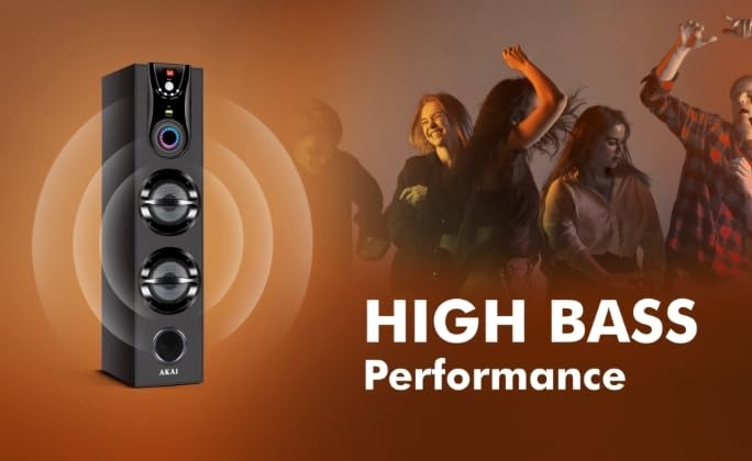 AKAI TWS-600Max speaker with High Bass Performance text
