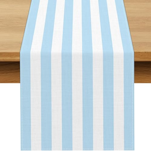 Buxiuer Light Blue and White Cabana Striped Table Runner Coastal Theme Wedding Party Decoration Birthday Baby Shower Dining Room Home Kitchen Table Decor 90In by Buxiuer - Used condition - US$8.69