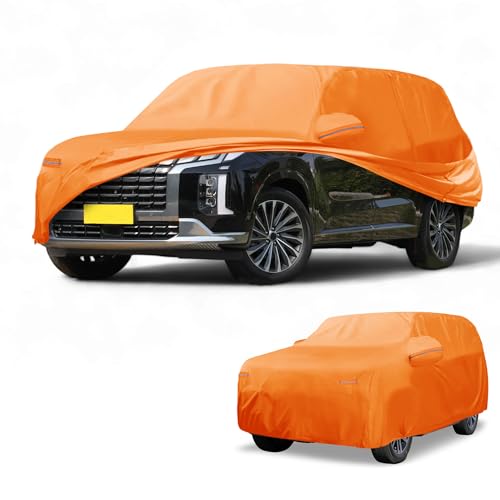 Image of Car Cover Waterproof All Weather Automotive Outdoor Anti-UV Full Exterior Cover for Hyundai Palisade 210D-PU Orange with Left Side Zippers
