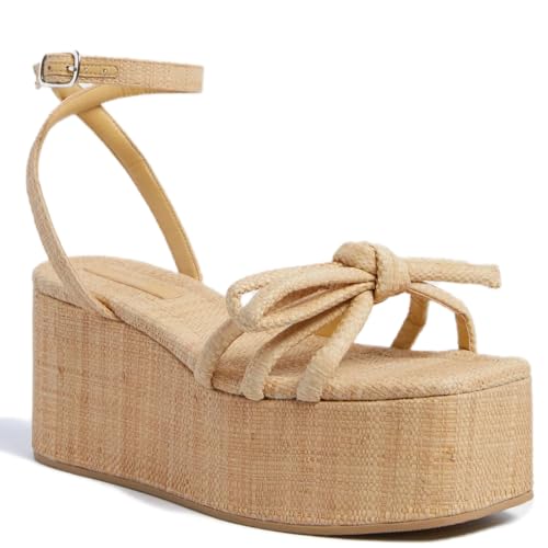 Raffia Platform Sandals for Women Espadrille Wedges Comfortable Summer Beach Slingback Sandals Bow Ankle Strappy Woven Straw Sandals