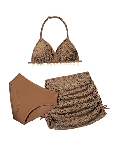 OYOANGLE Girl's 3 Piece Swimsuit Mesh Hollow Out Halter Bikini Set with Cover Ups Drawstring Beach Skirt