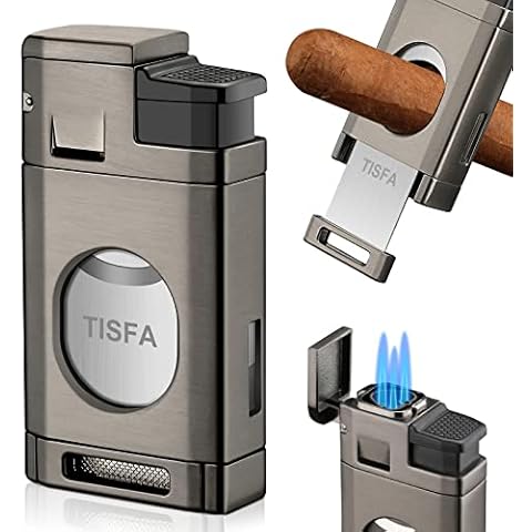 TISFA Cigar Lighter, Butane Lighter with Cigar Cutter, Triple Jet Flame Torch Lighter Cuts Up to 60 Ring Gauge Cigars, Refillable Butane Windproof Lighters (Gray) Cover