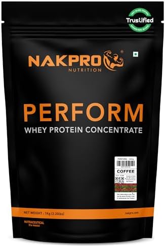 NAKPRO NUTRITION Perform Whey Protein Concentrate | 1kg Coffee | 24g Protein, Trustified Certified