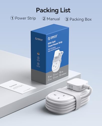 ORICO 65W GaN Travel Extension Lead with USB Slots (2 USB-A/2 USB-C), Flat Plug Power Strip with 3 Way Plug Extension Socket and 1.6M Extension Cord, Fast Charger for MacBook/iPad/iPhone-White - Image 6
