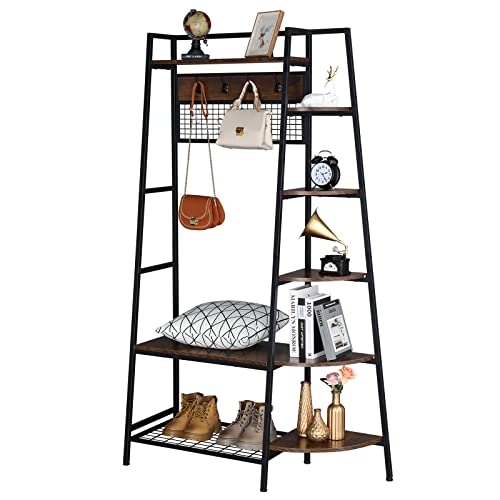 120 X 40 X 183Cm Shoe Rack With Shelf Entryway Hall Trees Shelf With Hooks Free-Standing Closet Organizer, Heavy Duty Clothes Closet, Portable Garment Rack Use For Our Laundry Room Vingtage Walnut #TOP2