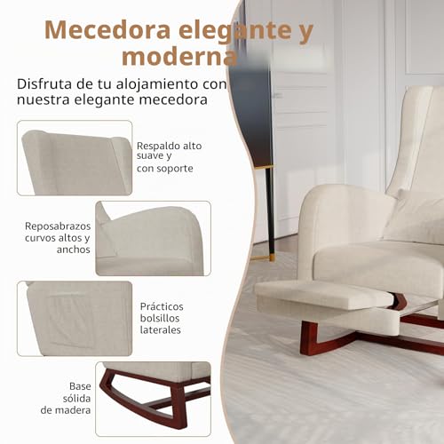 Miniatura 5 de Hynhxbp Mecedora Con Reposabrazos Y Bolsillos Laterales, Silla Ergonómica Para Lactancia, Acolchada, Con Estructura De Madera Maciza, Ideal Para El Salón O El Dormitorio Terciopelo Beige
