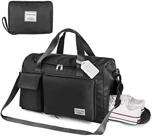 Travel Duffel Bag, Foldable Gym Bag Overnight Weekend Bags for Women, Lightweight Hospital Bag with Wet and Dry Separation Bag, Large Holdall Bag Cabin Bag for Sports and Travel - Black