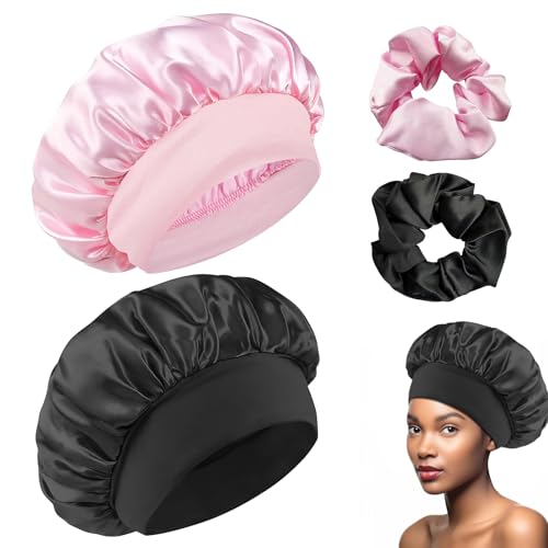 2 Unidades de satén para el Pelo de Noche con elásticos, Gorro de Raso para Dormir, protección para el Cabello, Suave Gorro de Seda para la Noche, Rosa + Negro, Rosa + Negro