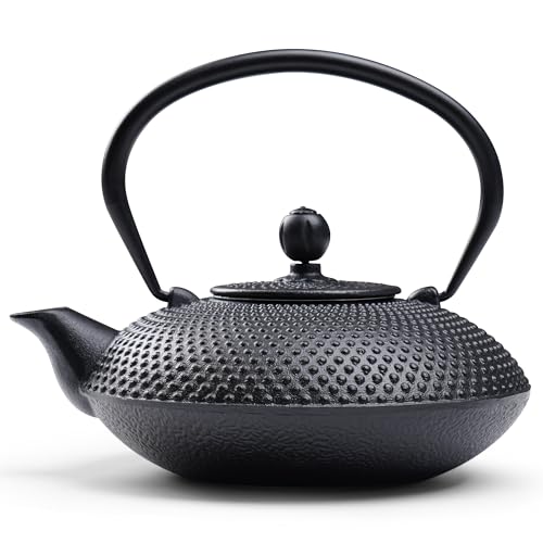 Traditionelle Japanische Gusseisen Teekanne, Schwarz, Hochwertiges Metall mit Strukturiertem Muster, Asiatischer Teekannen-Stil, 800ml