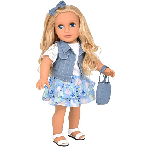 Gift Boutique 18 Inch Girl Doll, Fashion Doll with Fine Blond Long Hair, Blue Eyes, Floral Outfit, Denim Jacket, Sandals, Boots, Hair Bow, Handbag