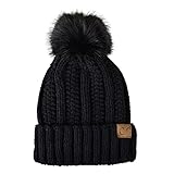 C.C Thick Cable Knit Faux Fuzzy Fur Pom Fleece Lined Skull Cap Cuff Beanie, Chenille Black Pom
