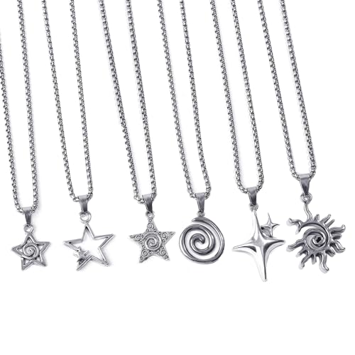 6PCS Y2K Star Vortex Sun Pentagram Necklace Set for Women Men – Retro Grunge Gothic Stainless Steel Chain Jewelry