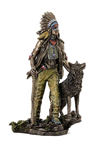 Top Collection Plains Indian Statue - Native American with Hunting Companion Sculpture in Cold-Cast Bronze with Color Accents - 11.5-Inch Collectible Indigenous Figurine