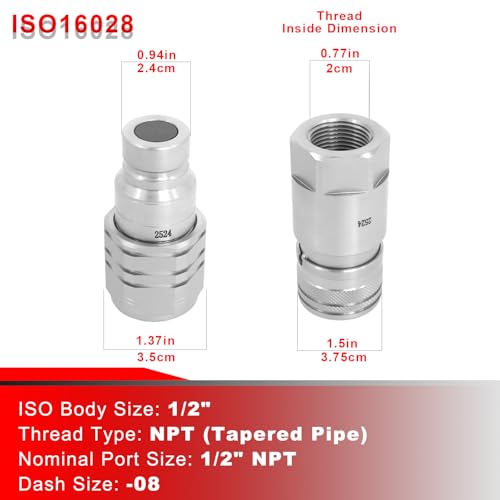 Image of 1 /2 inch NPT Flat Face Hydraulic Couplers, Skid Steer Bobcat Quick Connect Fittings with Dust Covers(ISO16028) (Red 2Set)