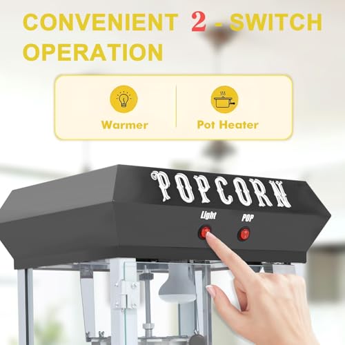 Image of 6 Oz Commercial Popcorn Machine, Kettle, 600 W, Movie Theater Popcorn Machine, Black Tabletop Pop Corn Machine with Stainless-Steel Kettle & Steel Frame Tempered Glass Doors