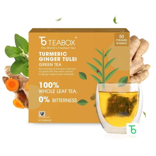 Image of Teabox Turmeric Ginger Tulsi Green Tea Bags 50 Pieces | Flavorful & Soothing | Made with Whole Leaf, Natural Ginger, Turmeric & Tulsi