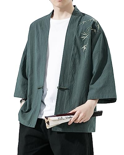 Image of Mens Kimono Cardigan Cotton Linen Japanese Shirt 3 /4 Sleeve Haori Yukata | Skin-Friendly Solid Color Lightweight Shawl Collar Kimono Robe Embroidery Button Tie Pockets Happi Coat All Season Daily Wear