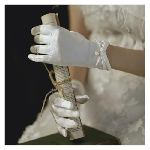 Guantes de boda para mujer de satén blanco cortos con perlas 6