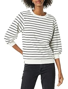 Amazon Essentials Damen French-Terry-Fleece-Sweatshirt Mit Rundhalsausschnitt Und Ärmeldetail, Schwarz Weiß Streifen, L