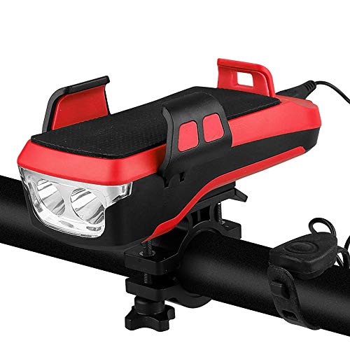Hongtianyuan Luz Bicicleta,Recargable USB LED Luz Bicicleta,Impermeable 4 in 1Luz Bicicleta Delantera, con Soporte para Teléfono,Cuerno,Banco de energía,4000mAh.(Rojo)