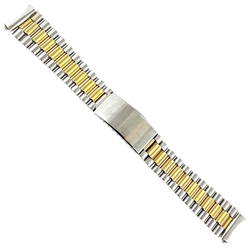 18mm Town & Country President Style Gold and Silver Two Tone Fold Over Adjustable Clasp Mens Watch Band With Silver Tone Curved Ends
