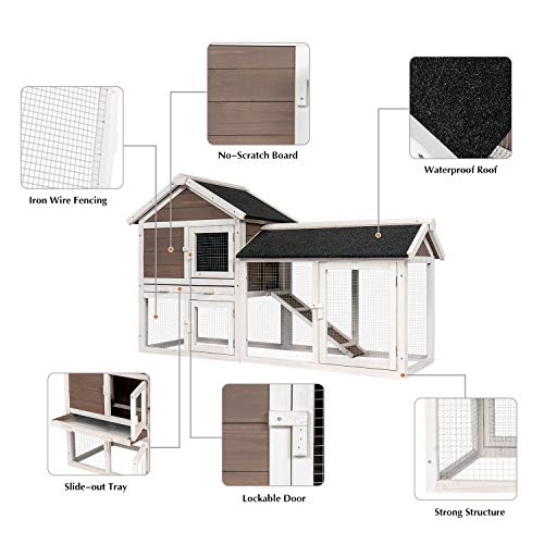 Kinpaw 53” Rabbit Hutch Bunny Cage Outdoor Chicken Coop Backyard Small Animal House Poultry for Guinea Pig Duck with Removable Tray & Ramp Coffee