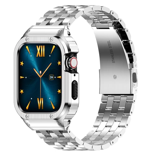 Bracelets Apple Watch 44mm acier argent contre les rayures avec coque antichoc pour homme