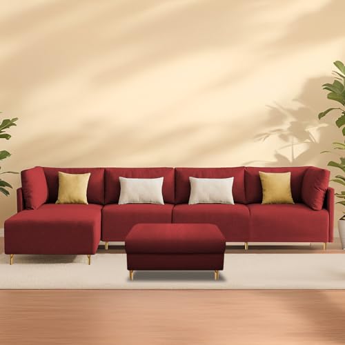Image of Carina LHS 6 Seater L Shape Sofa Set with Center Table for Living Room (Maroon Fabric) Premium Fabric Sofa