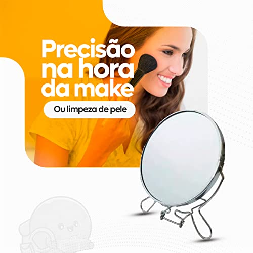 Espelho de Maquiagem Metal Dupla Face com Aumento (Zoom), Nítido, Leve, 6 Polegadas, Não Enferruja,