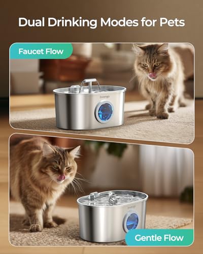 Invengo Katzenbrunnen Edelstahl, Trinkbrunnen für Katze mit 2 Trinkstellen, LED-Anzeige, Wasserstandsanzeige und 5-Fach Filtersystem - Leiser Trinkbrunnen für Katzen und Kleine Hunde, 2.2L