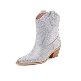 Perisis Women's Western Sparkly Rhinestone Grey Cowboy Cowgirl Ankle Boots Bling Sequin Shoes Chunky Heel Wide Calf Pull-on Booties(gray,8)