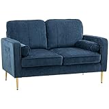 HOMCOM Sofá de 2 plazas, sofá fijo recto, estilo moderno escandinavo, 2 fundas laterales, 2 cojines, pies dorados. 136 x 84 x 87 cm, azul