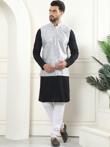 Image of SOJANYA (Since 1958 Men's Pure Cotton Kurta and White Pyjama with Sequins Nehru Jacket