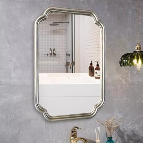 SHADAOYU Bathroom Wall Mounted Mirror with Lights, Simple Bathroom Mirror, Led Tri-Color Light, Touch Switch, Vintage Vanity Decorative Mirror for All Kinds of Home(Silver)