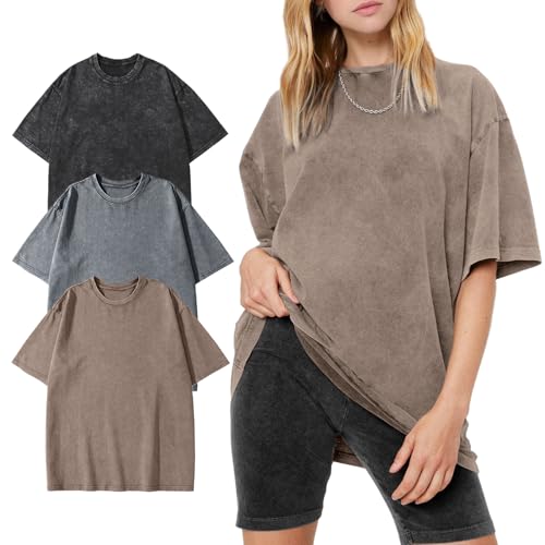 PEHMEA 3 Pcs Women's Oversized T-Shirts Cotton Short Sleeve Vintage