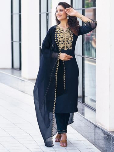 Image of SKYLEE Silk Blend Embroidery Straight Kurta Set with Dupatta