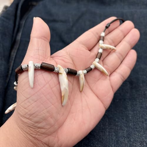 Wolf Wood Beads Tooth Necklace for Men Women Tribal Caveman Adjustable Resin Tooth Pendant Necklace4