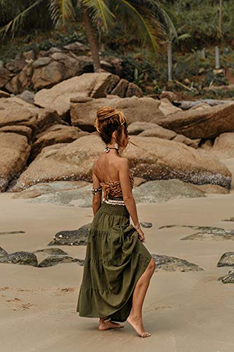 Thaluta Maxi Boho Skirt Long Pockets Cotton Hippie Bohemian Elastic Waist Gypsy Skirt Olive #TOP4