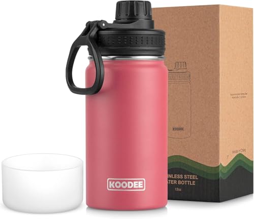 Image of koodee 12 oz Water Bottle for School Stainless Steel Double Wall Vacuum Insulated Wide Mouth Flask with Leakproof Spout Lid (Flamingo Pink)