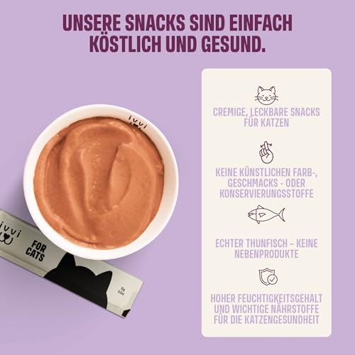 ivvi Ruhe Essenz für Katzen – Anti-Stress Schleck-Snacks mit Kamille, L-Tryptophan & Magnesium – Unterstützt Entspannung & Wohlbefinden – mit echtem Thunfisch – 30 Sticks x 15 g (450 g)