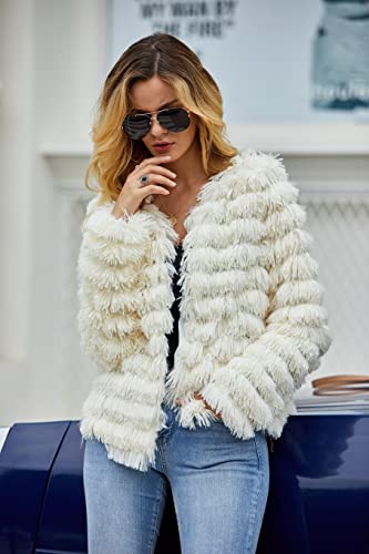 Inorin Womens Fall Open Front Cardigan Faux Fur Coat Vintage Parka Shaggy Jacket Warm Coat Tops (White, Medium) #TOP1