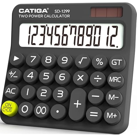 CATIGA Mechanical Switch Calculator with Solar and Battery Dual Power, 12-Digit Large LCD Display, Aesthetic and Cute Desktop Calculator with Big Button, for Home, School and Office Use, SD-1299 Cover