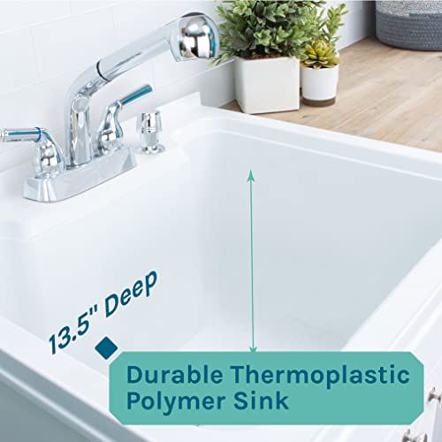 Js Jackson Supplies Utility Sink With White Vanity Cabinet, Chrome Finish Pull-Out Sprayer Faucet, Soap Dispenser And Spacious Vanity For Laundry Room #TOP2